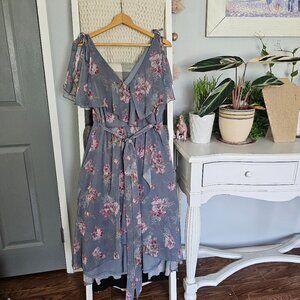 ASOS Floral Faux Wrap Dress | Size 14 Grey & Pink Split Sleeve V-Neck Midi